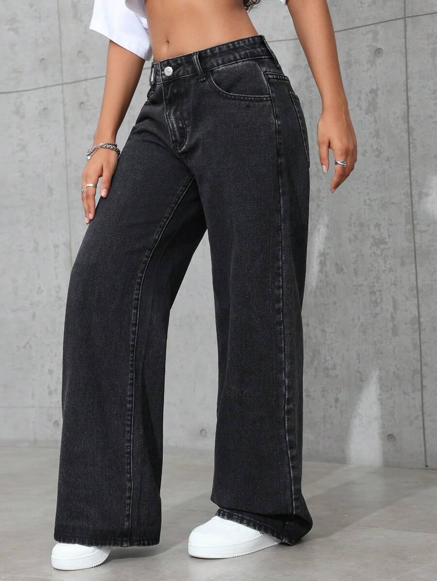 CZARNE SPODNIE JEANS SZEROKIE NOGAWKI