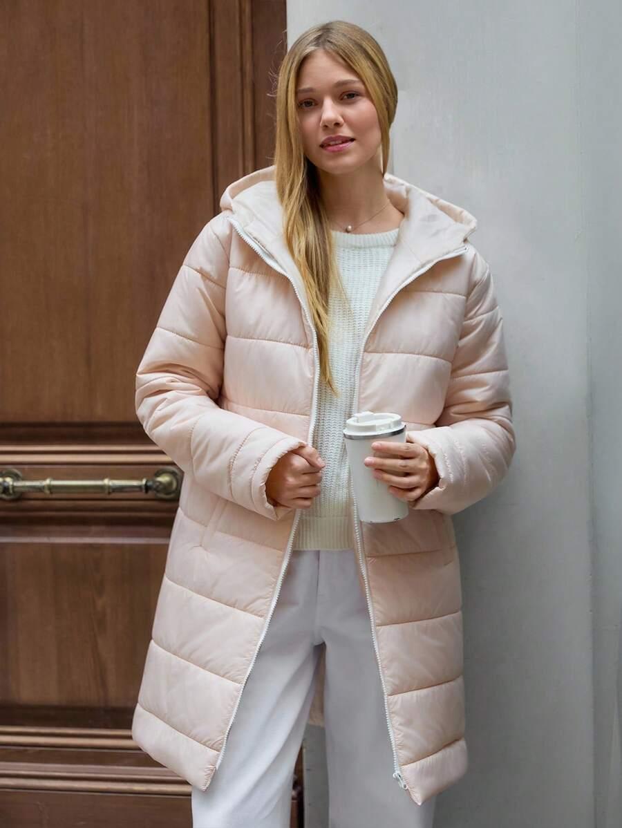 beżowa pikowana kurtka kaptur zip