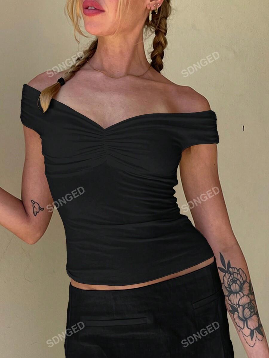 KLASYCZNY CZARNY TOP V-NECK MARSZCZENIE