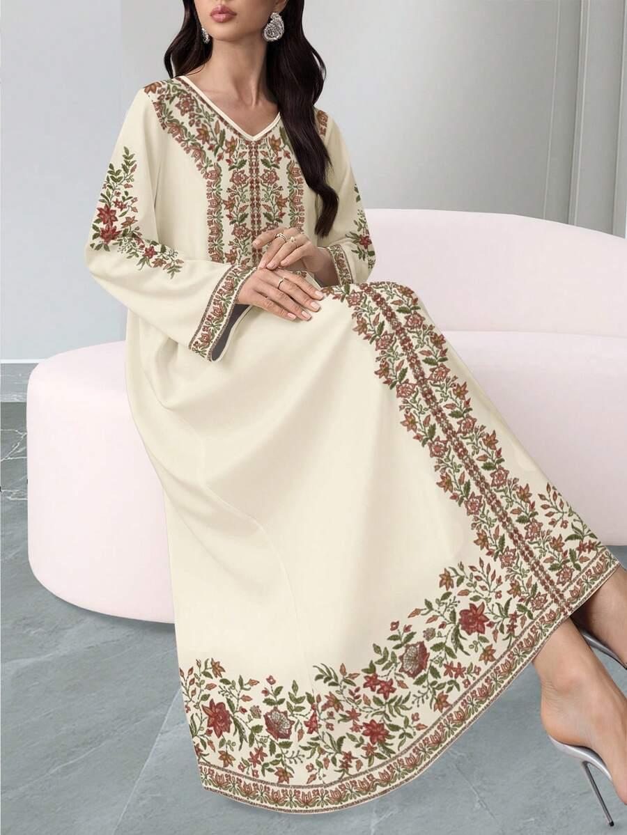 MAXI SUKIENKA V NECK WZÓR KWIATY 