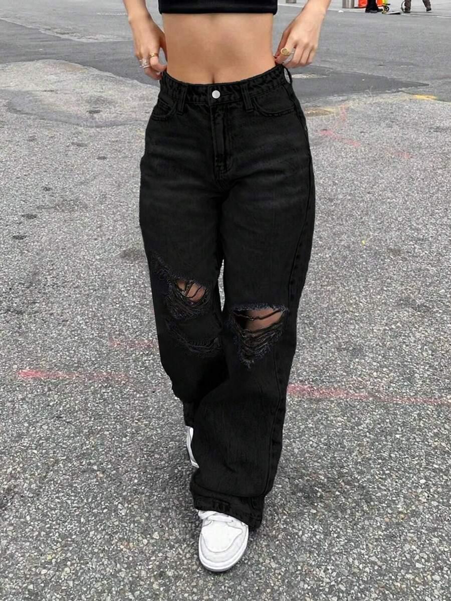 czarne spodnie jeans przetarcia