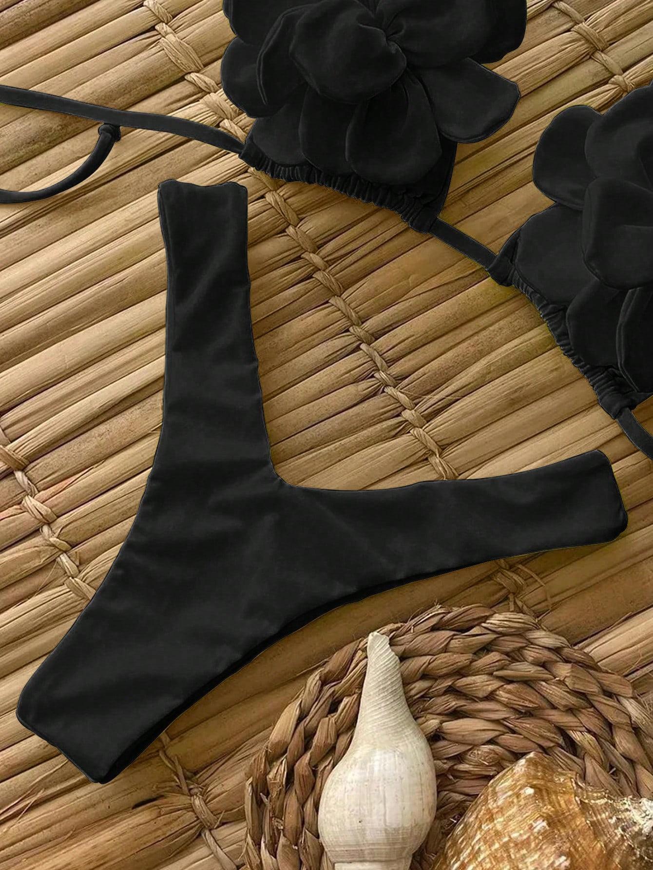 czarna góra od bikini kwiat 3D