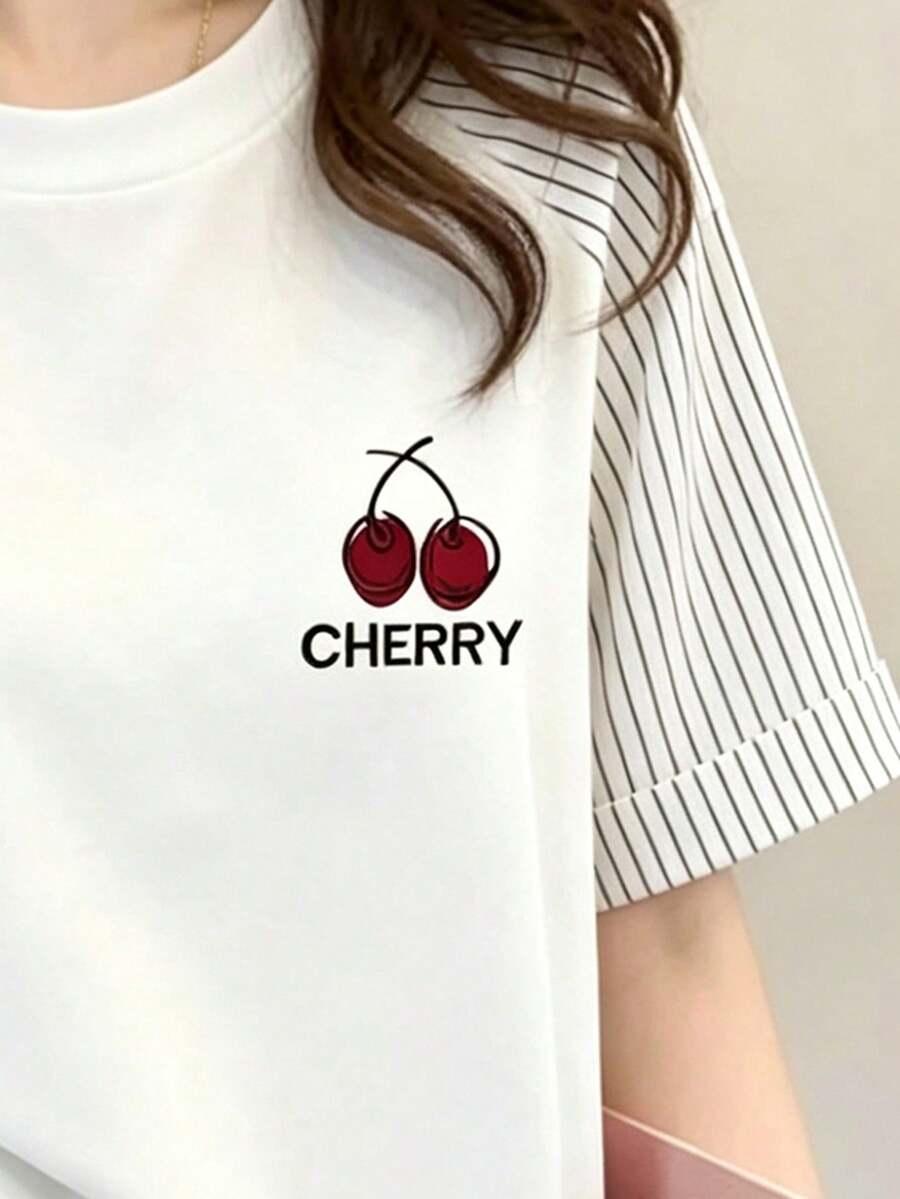 BIAŁY T-SHIRT WZÓR WIŚNIA