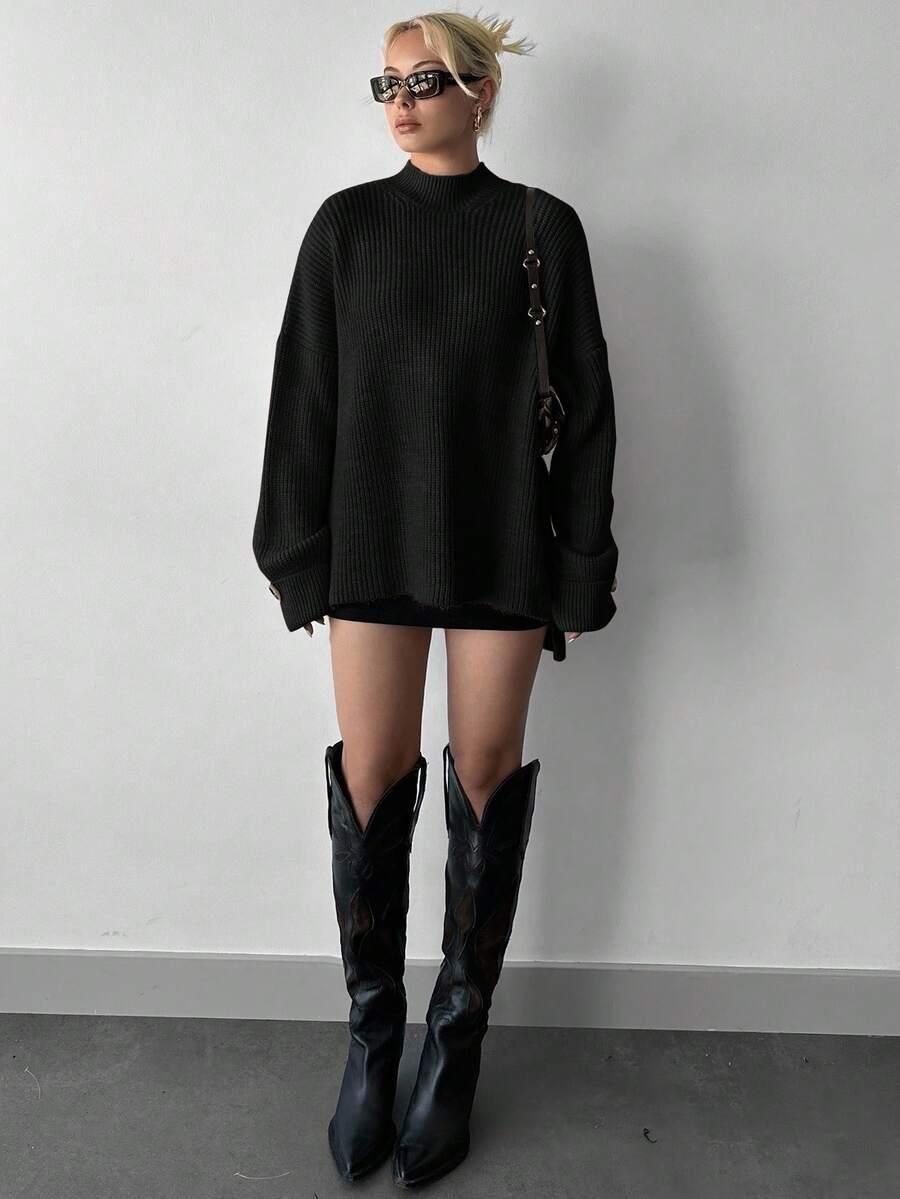 CZARNY DZIANINOWY SWETER