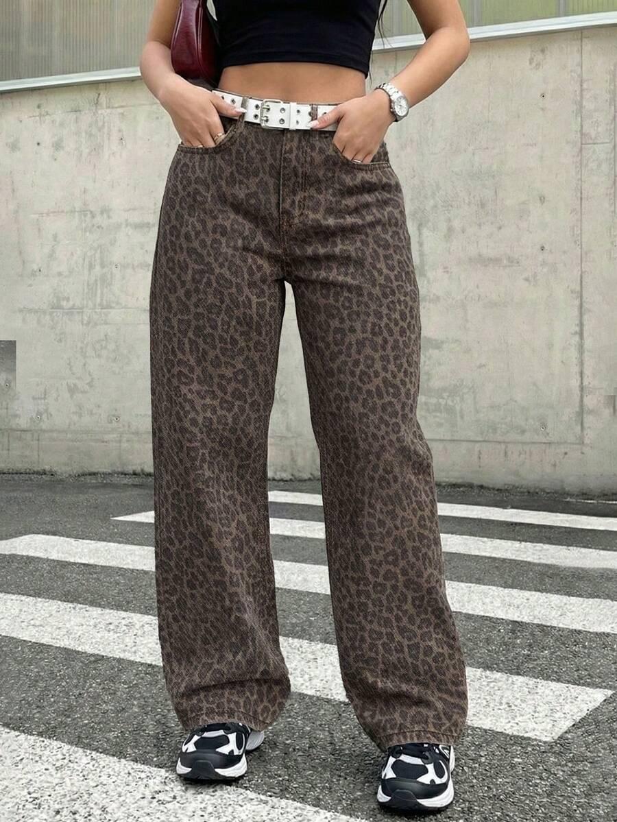 brązowe spodnie jeans animal print