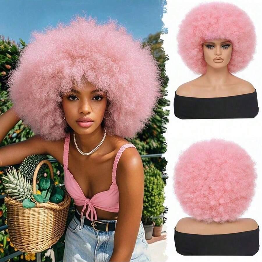 RÓŻOWA PERUKA AFRO SYNTETYK