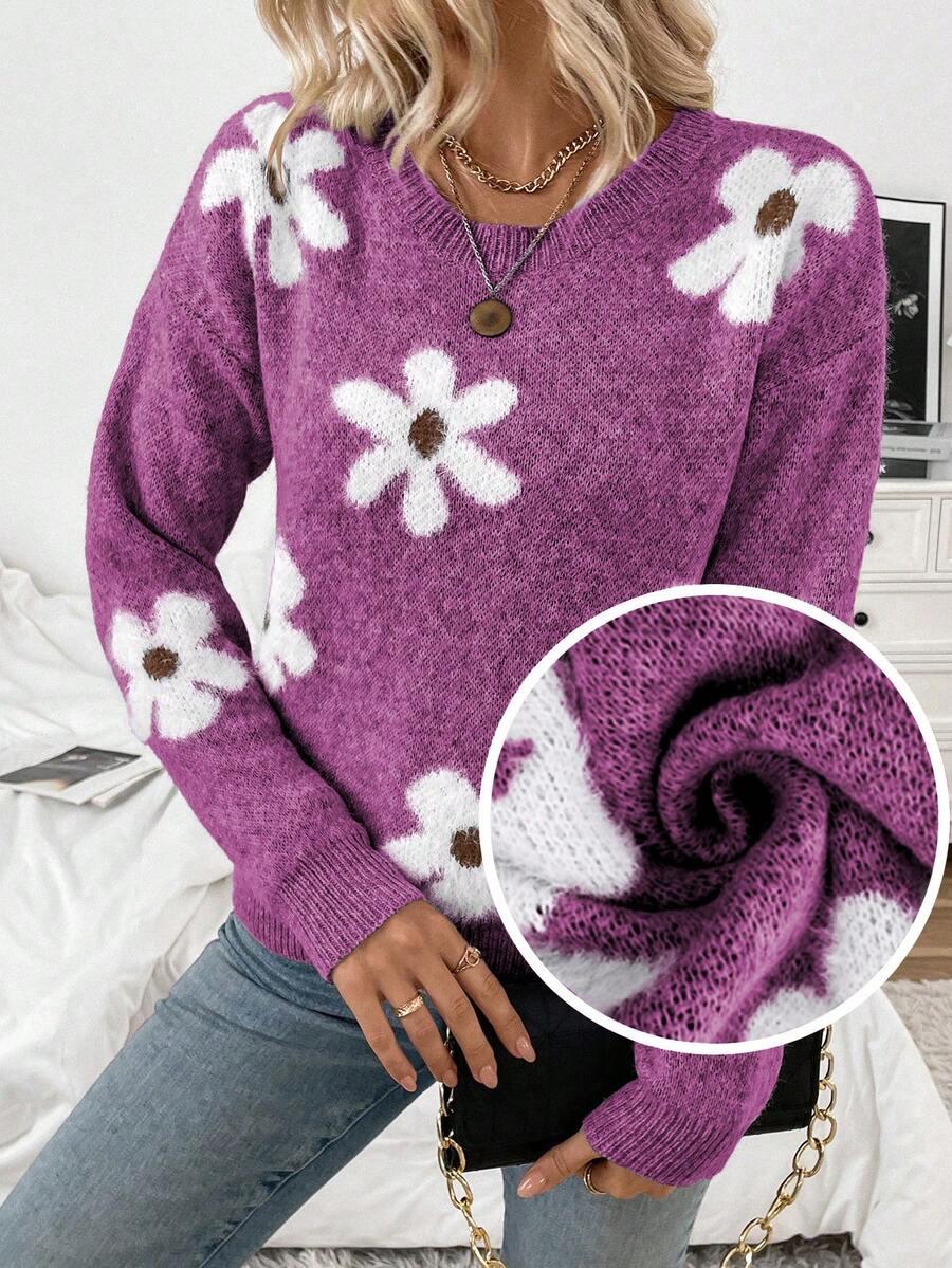 fioletowy sweter kwiaty