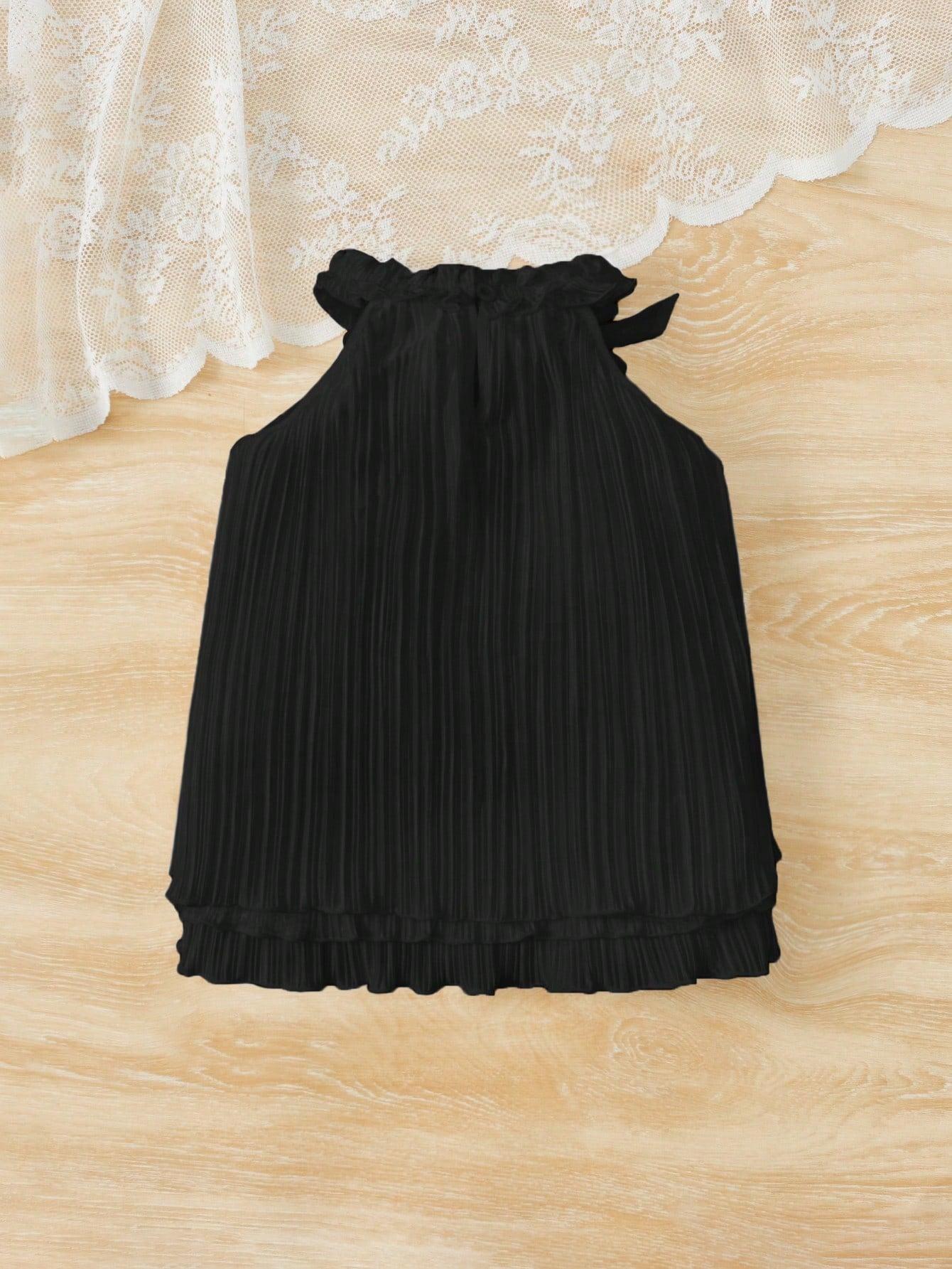 czarna plisowana sukienka bez rękawów stójka kokarda