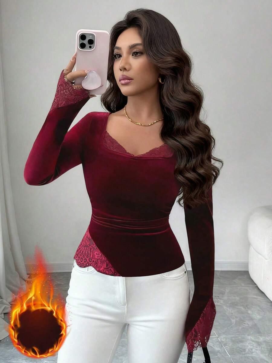 CZERWONA WELUROWA BLUZKA