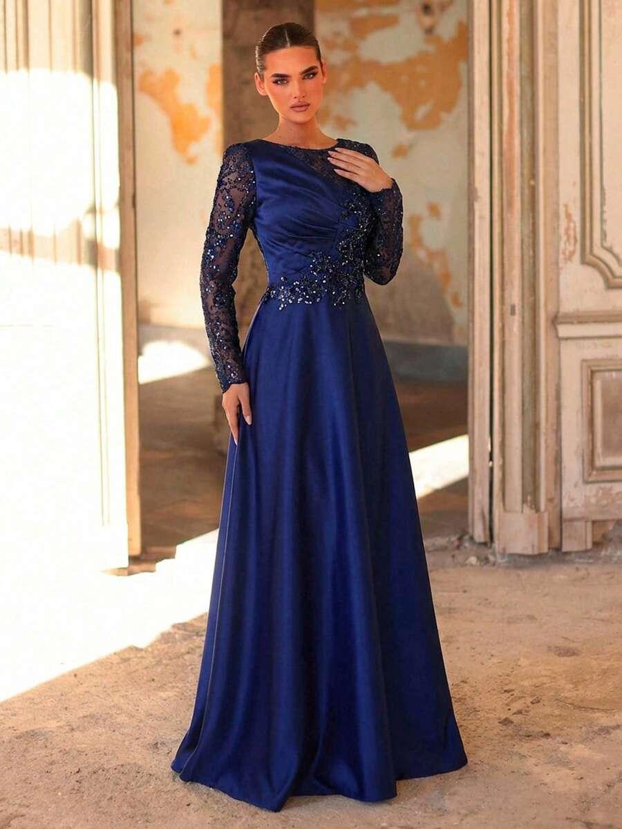granatowa maxi sukienka zdobienie cekiny