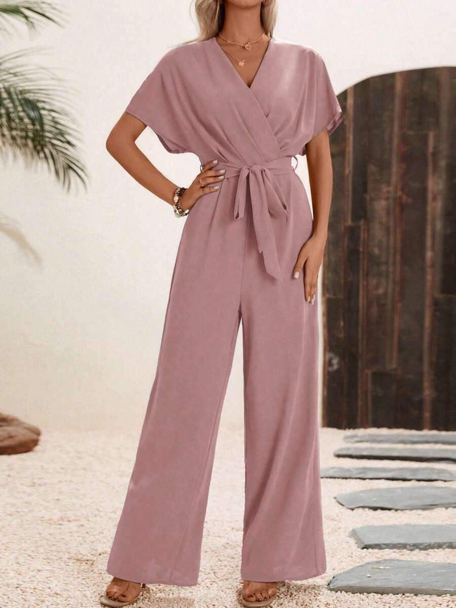 RÓŻOWY KOMBINEZON V-NECK