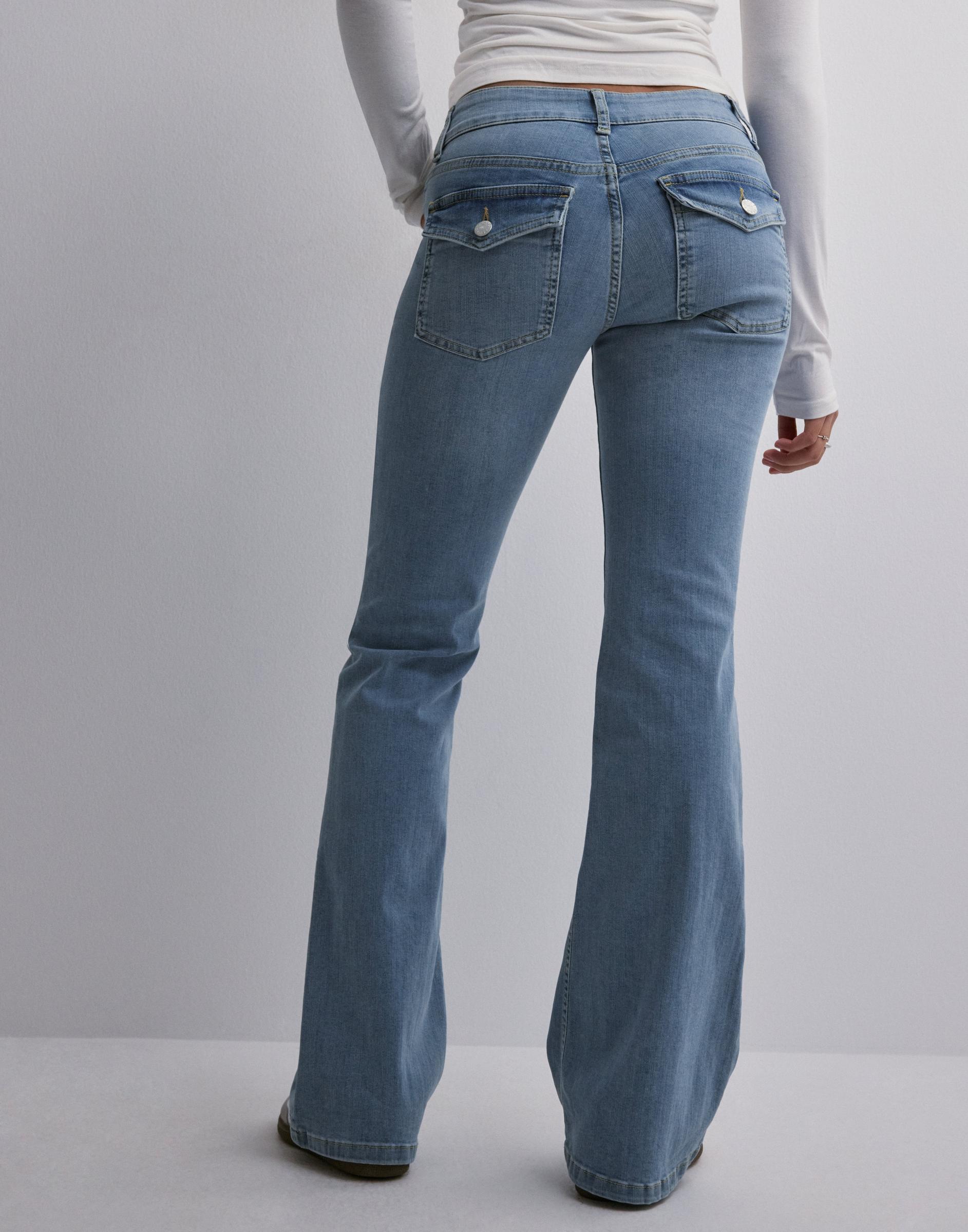 niebieskie spodnie jeans niski stan Bootcut