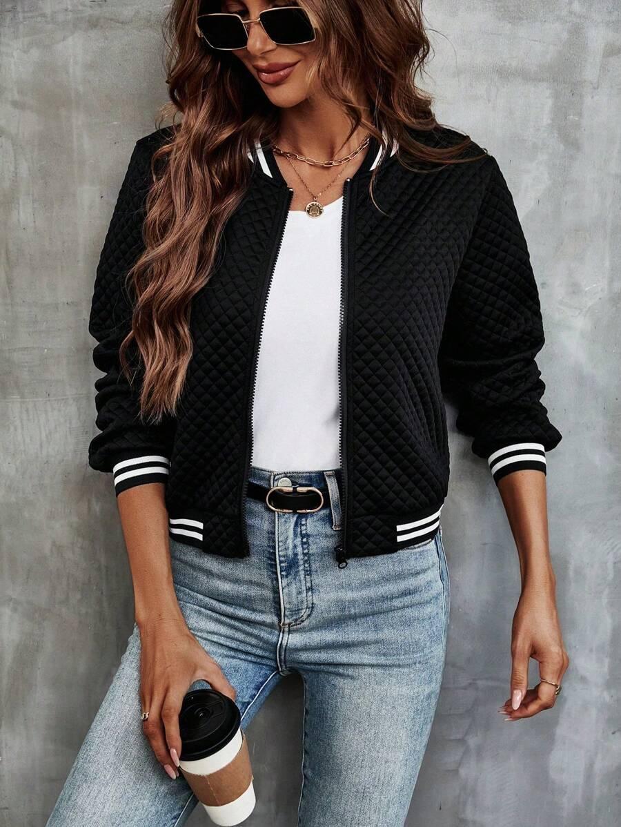 CZARNA pikowana bluza bomber ZAMEK kontrast