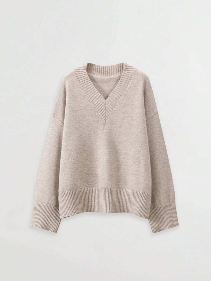 BEŻOWY DZIANINOWY sweter v neck 