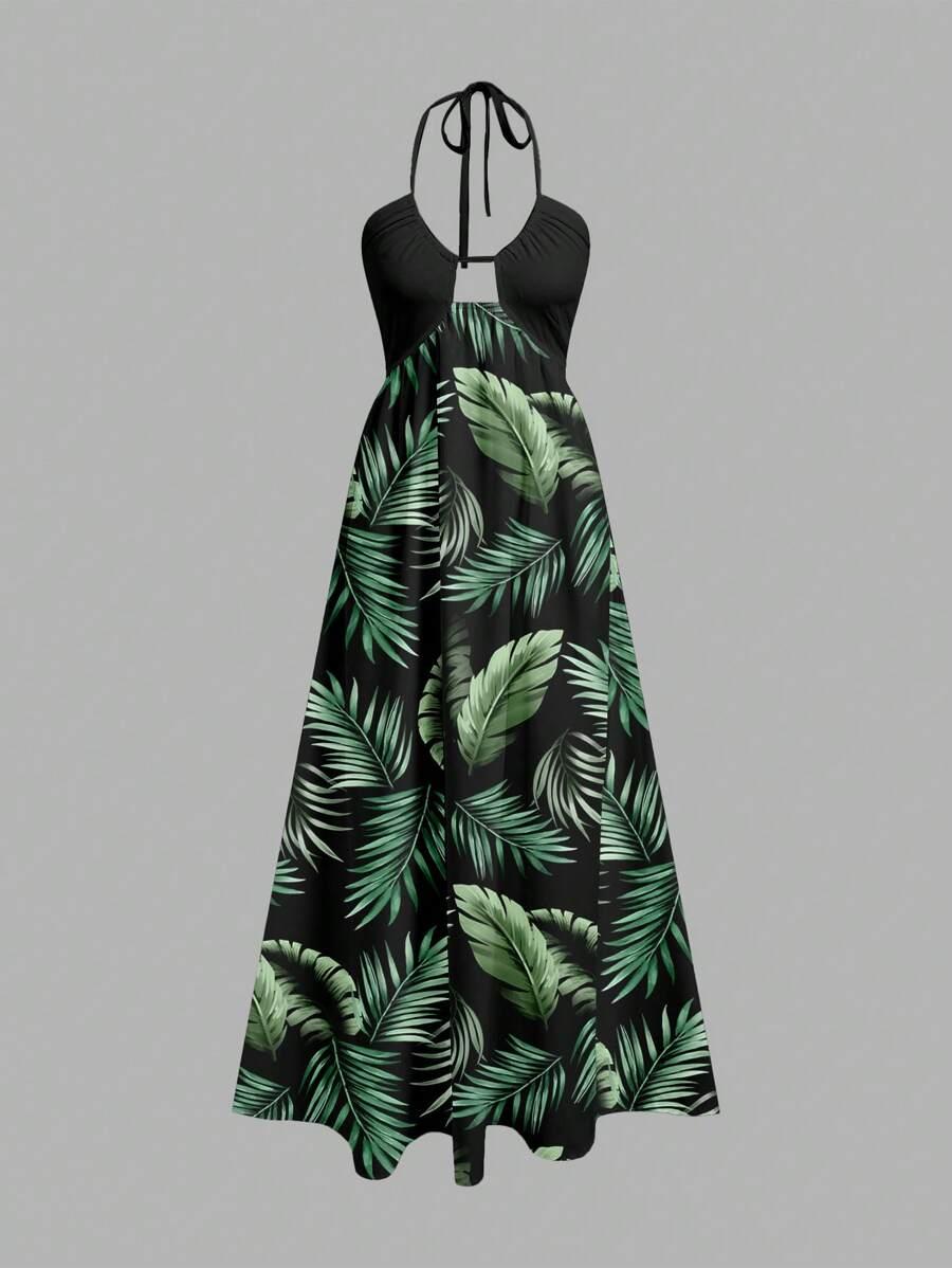 maxi sukienka wzór rośliny 