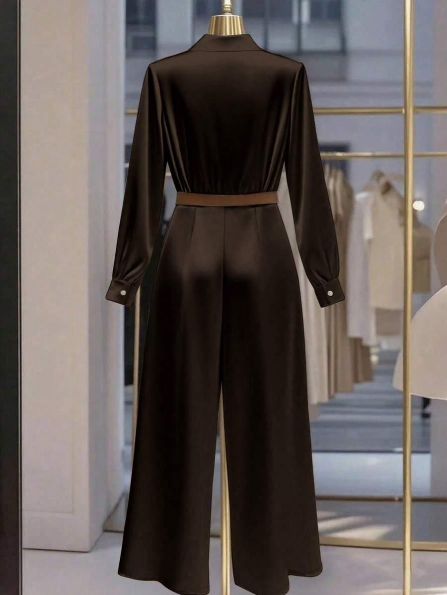 BRĄZOWY KOMBINEZON V-NECK