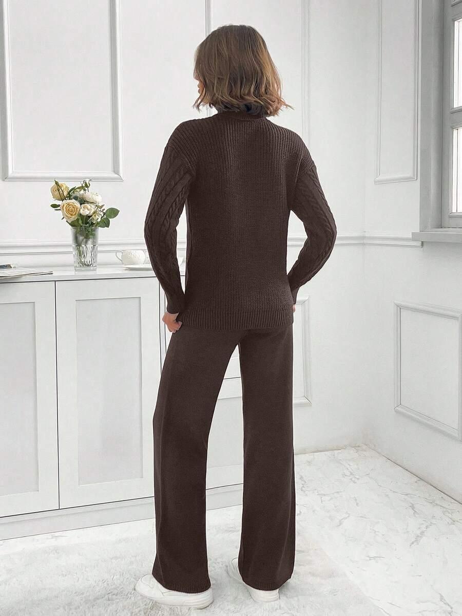 brązowy dzianinowy sweter spodnie komplet 
