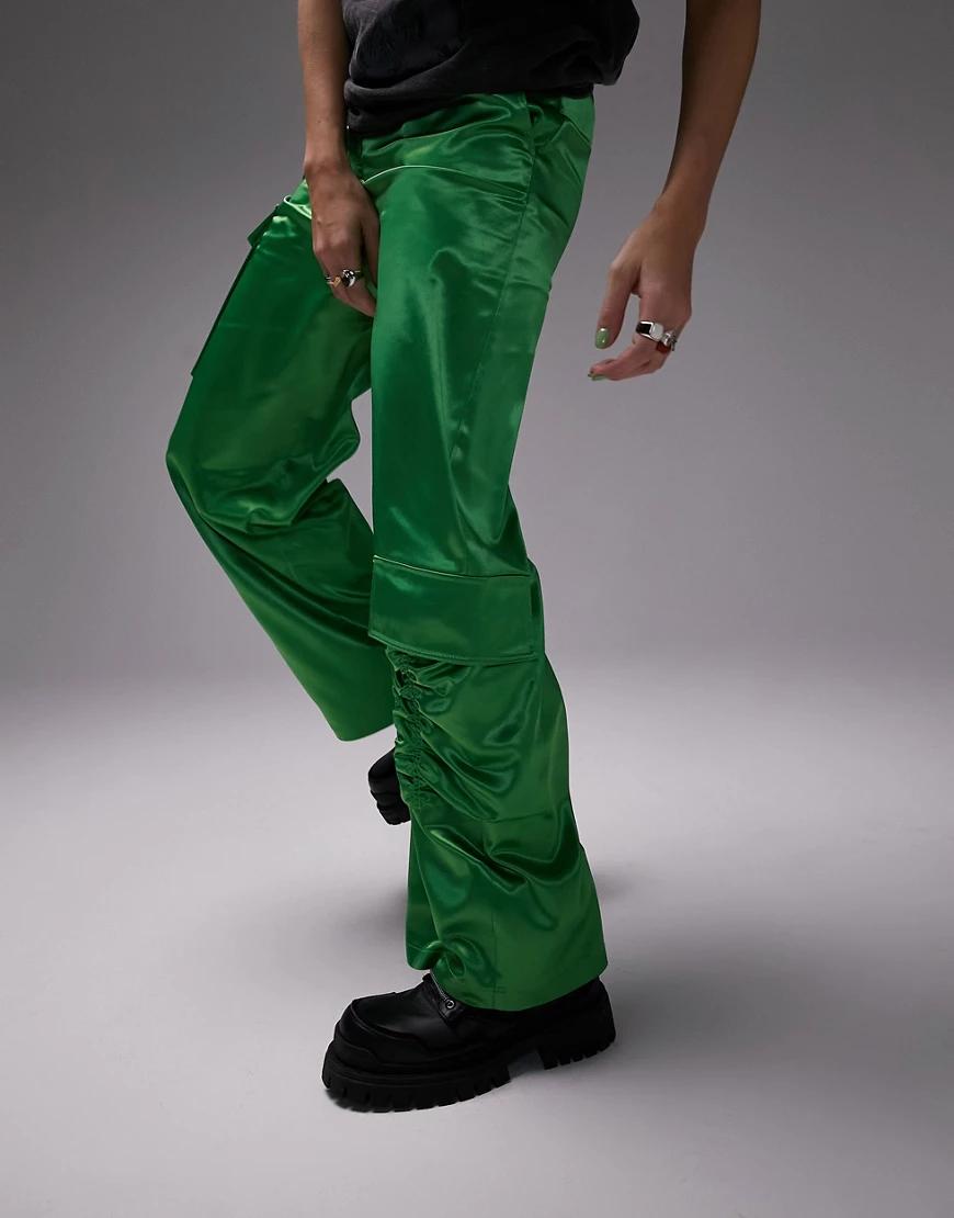 satynowe zielone spodnie szeroka nogawka kieszenie