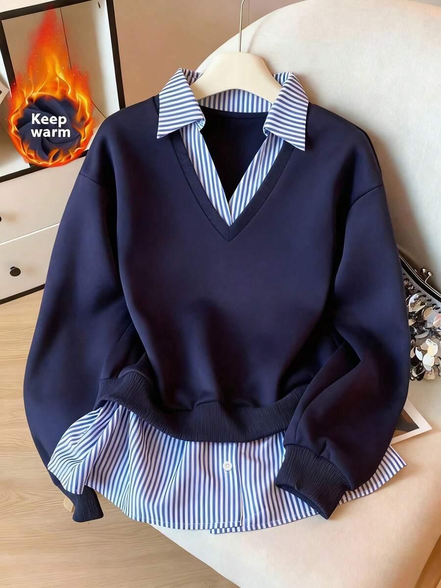 GRANATOWA BLUZA ŁĄCZENIE KOŁNIERZYK 