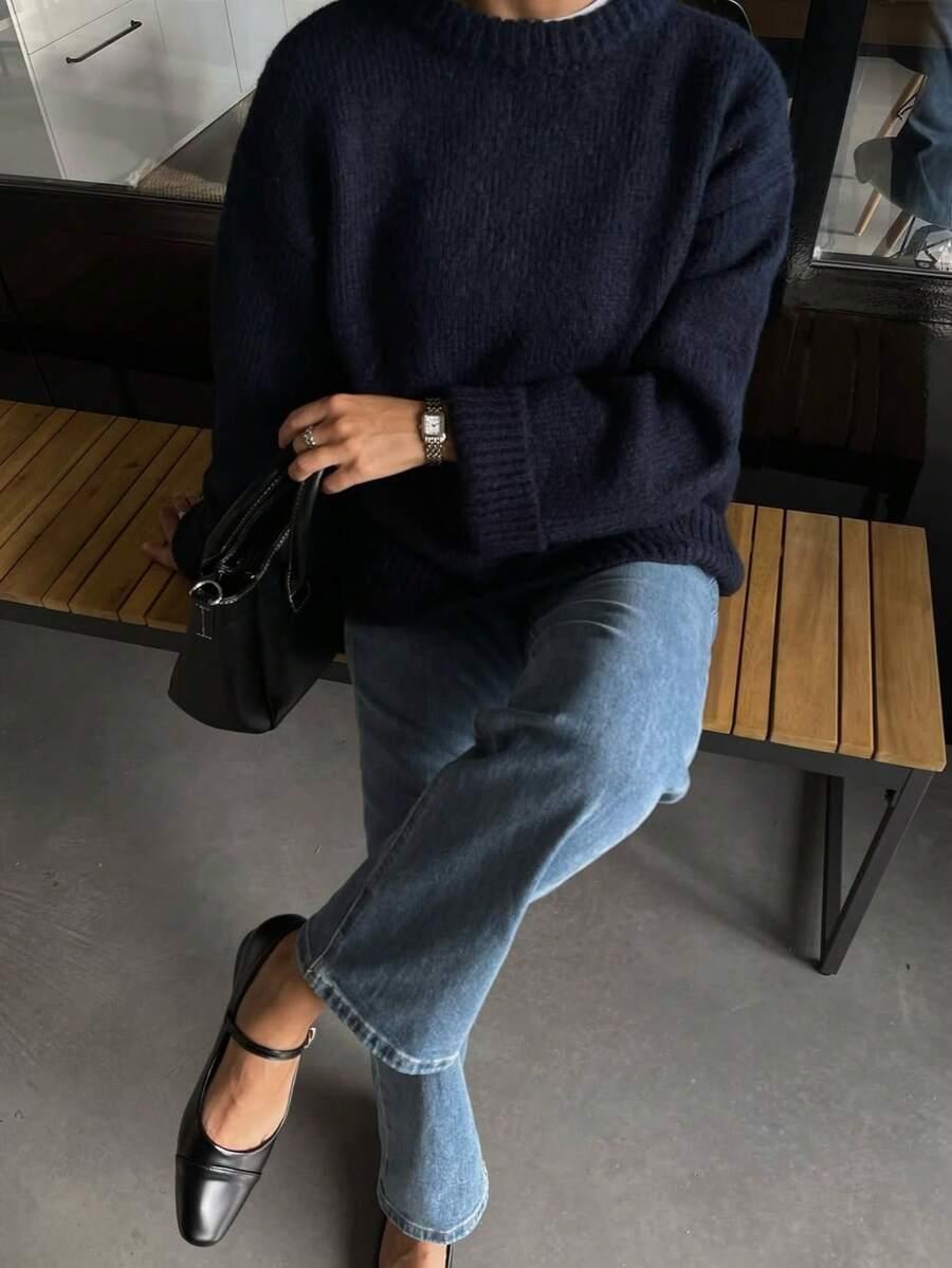 GRANATOWY SWETER OKRĄGŁY DEKOLT 
