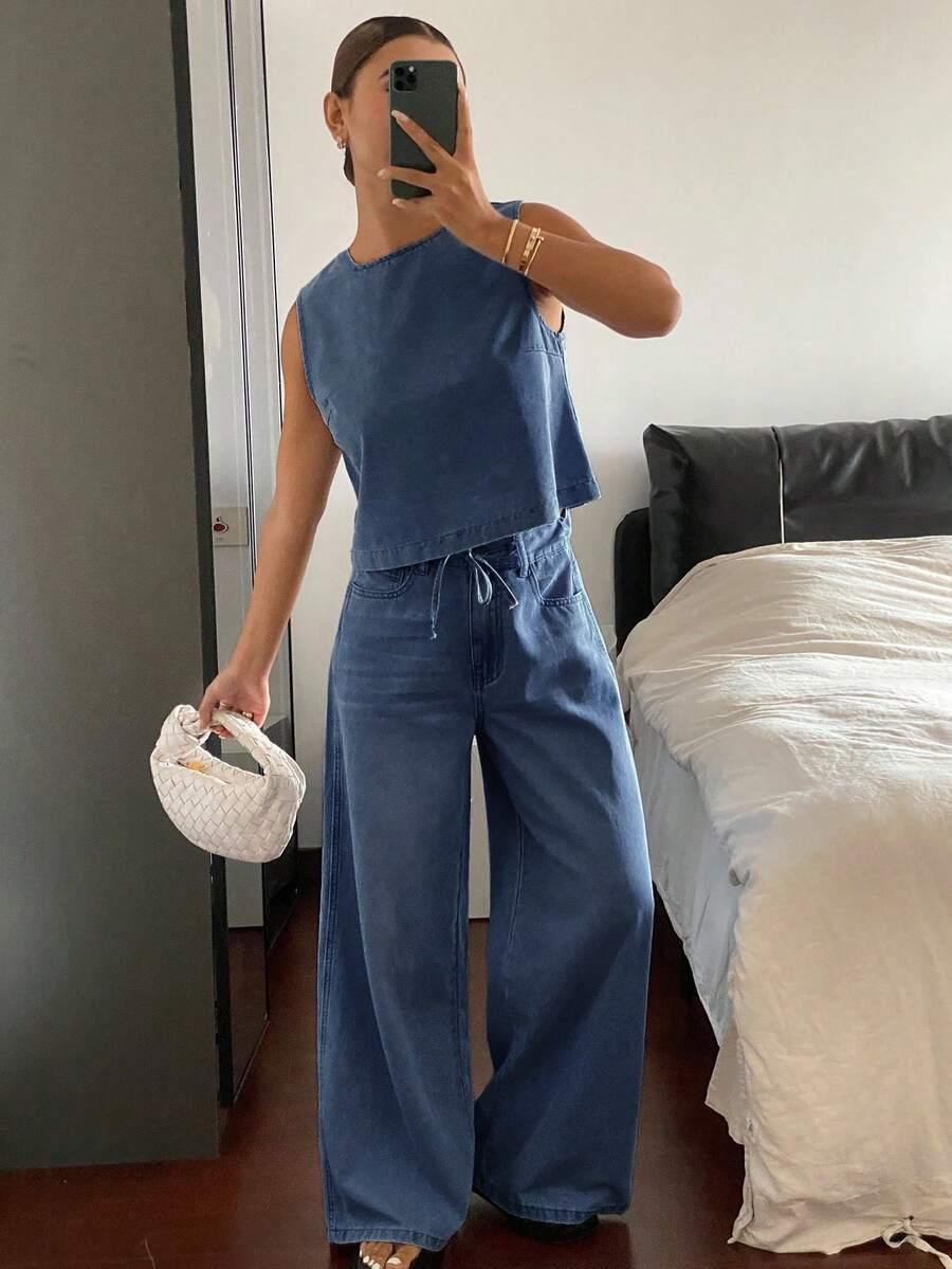 komplet top spodnie jeans