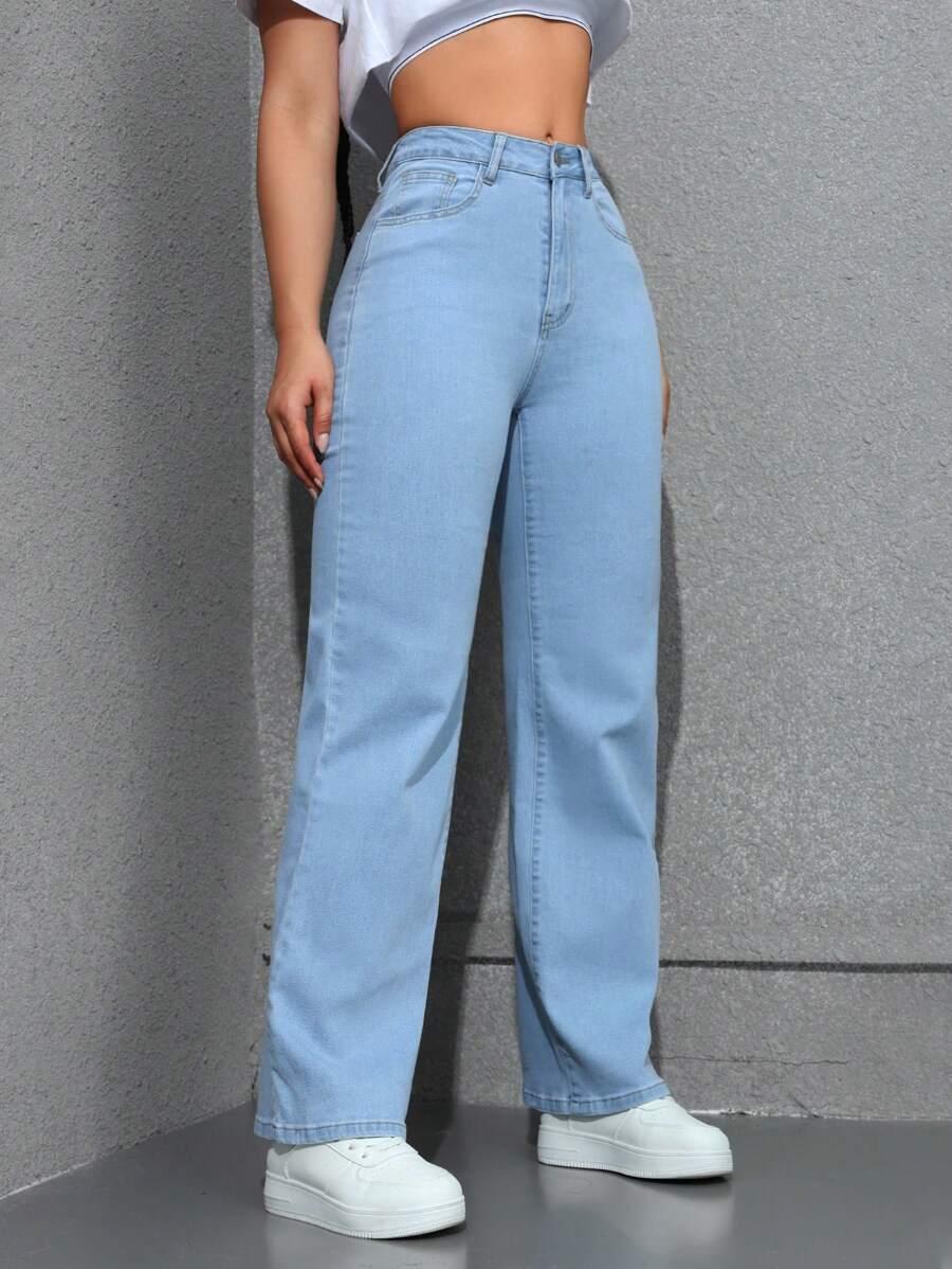 niebieskie proste spodnie jeans