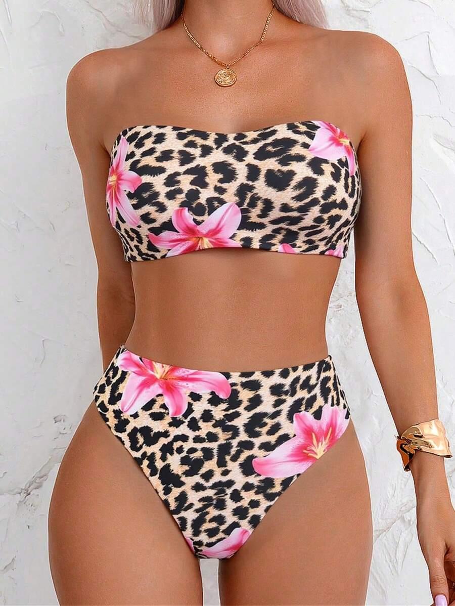 DWUCZĘŚCIOWY STRÓJ KĄPIELOWY ANIMAL PRINT KWIATY 