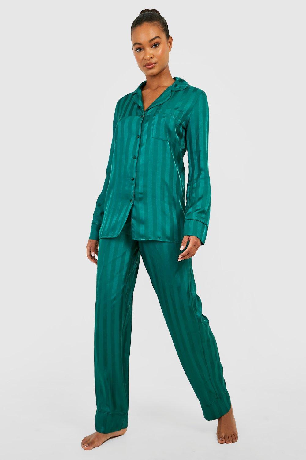 zielona piżama komplet koszula długie spodnie paski