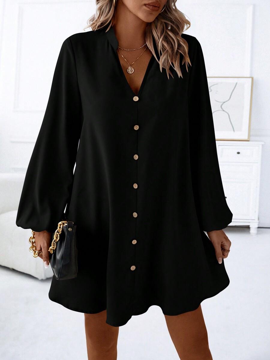 CZARNA SUKIENKA Z DŁUGIM RĘKAWEM V-NECK 