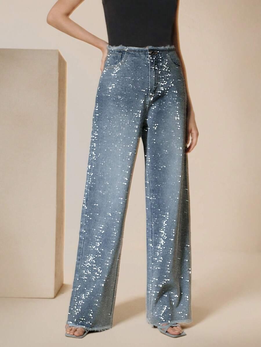 niebieskie spodnie jeans zdobienie