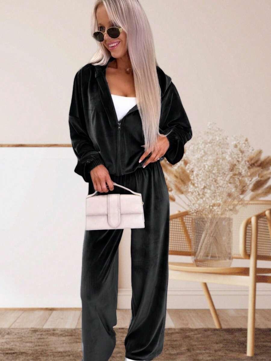 WELUROWY CZARNY KOMPLET BLUZA SPODNIE