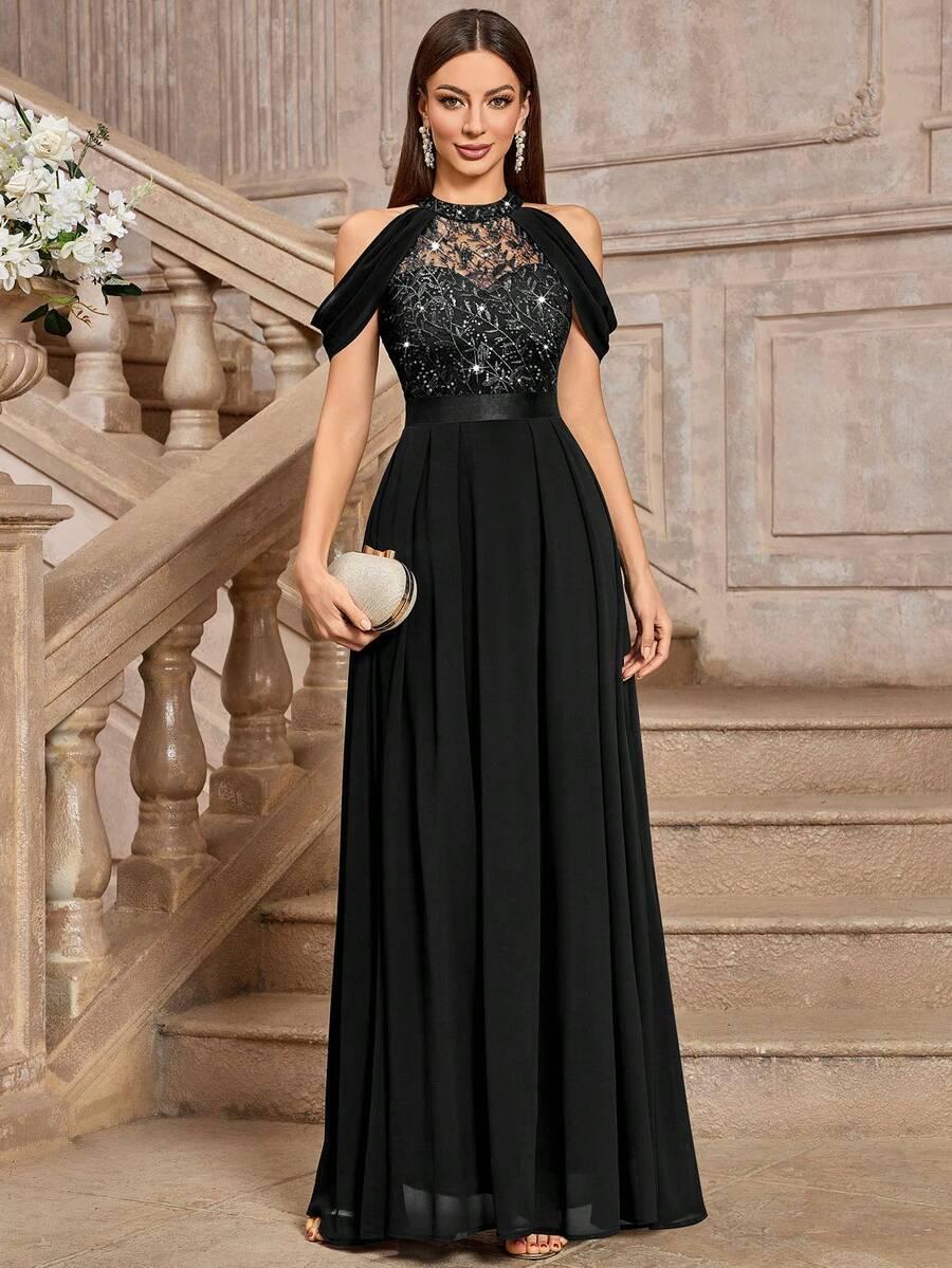CZARNA MAXI SUKIENKA ZDOBIENIE