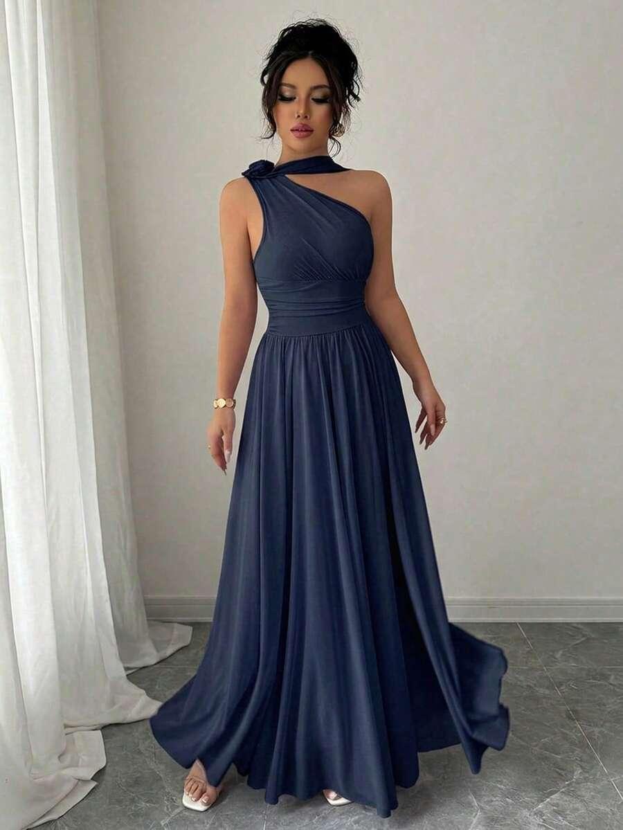 GRANATOWA MAXI SUKIENKA na jedno ramię