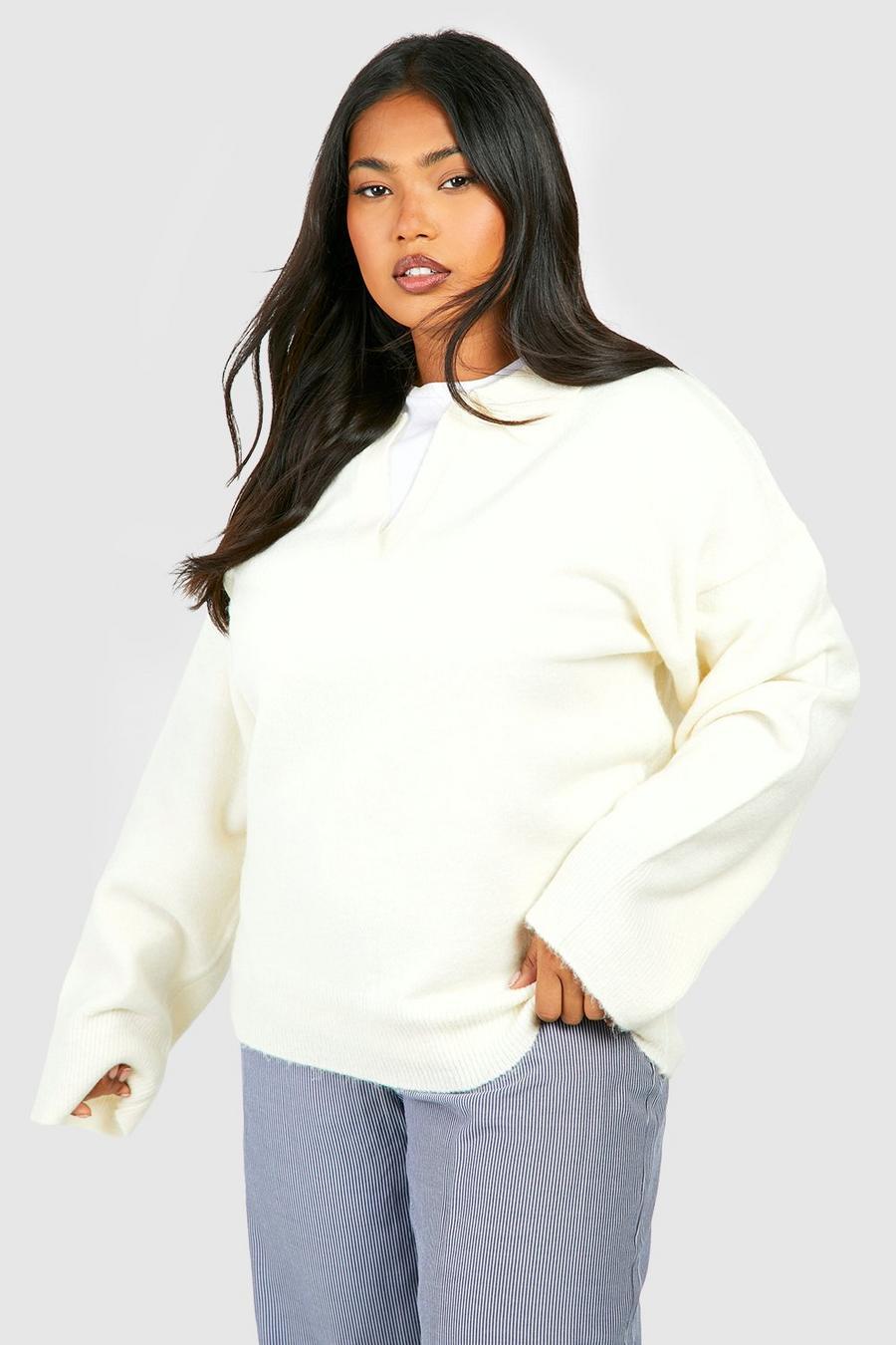 kremowy sweter oversize v-neck kołnierz