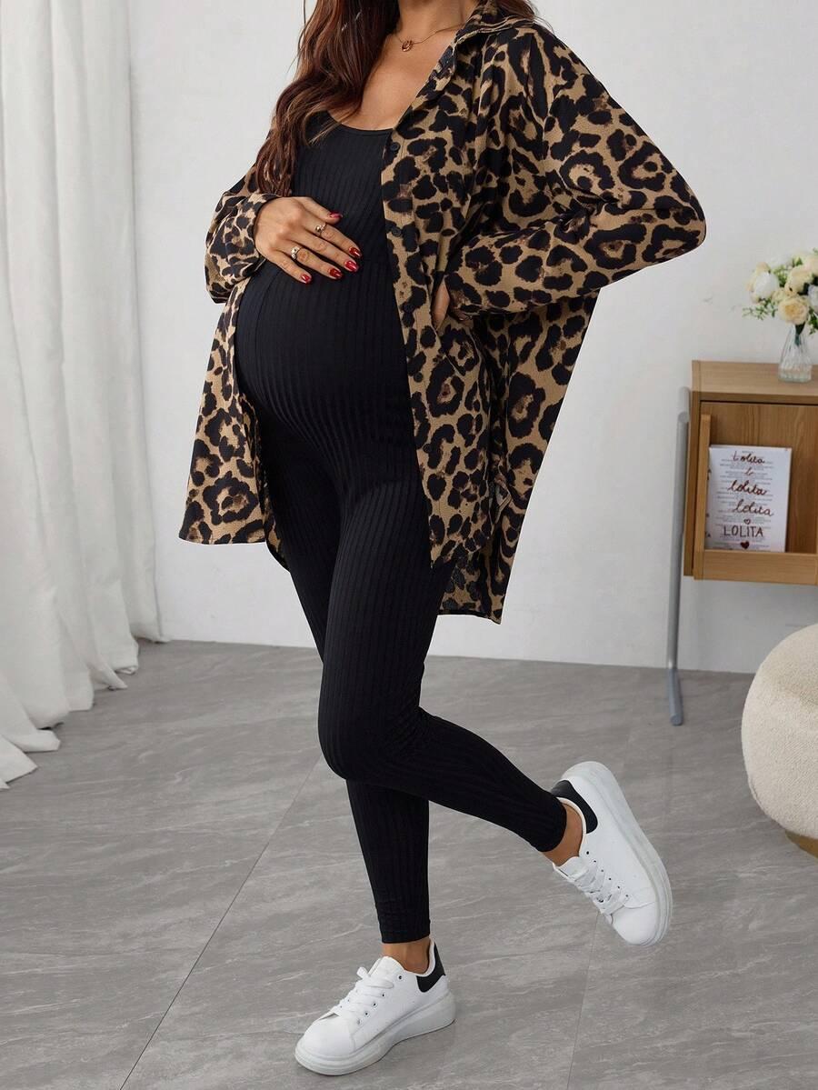 ciążowy komplet kombinezon koszula animal print