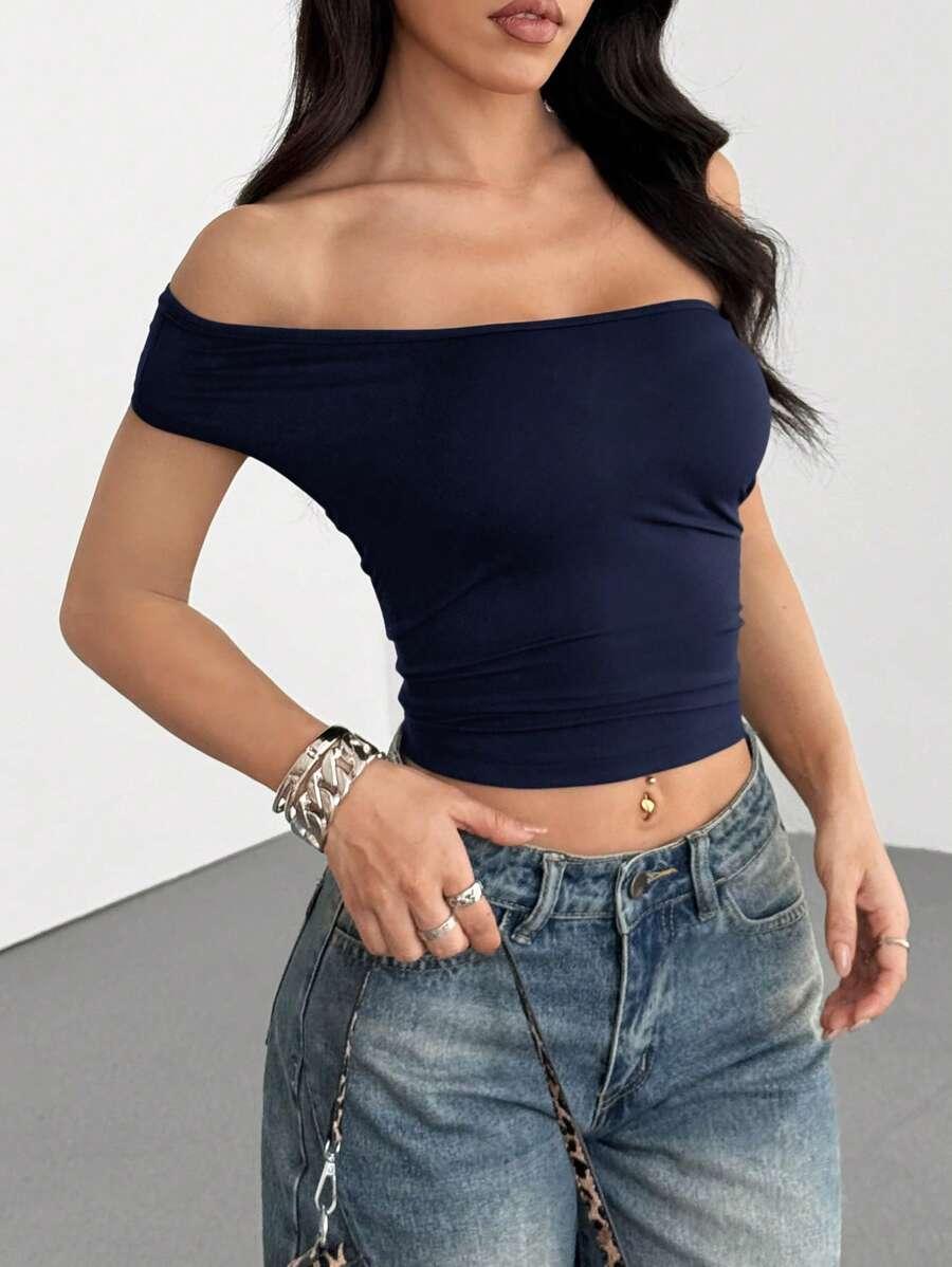 GRANATOWY ASYMETRYCZNY TOP 
