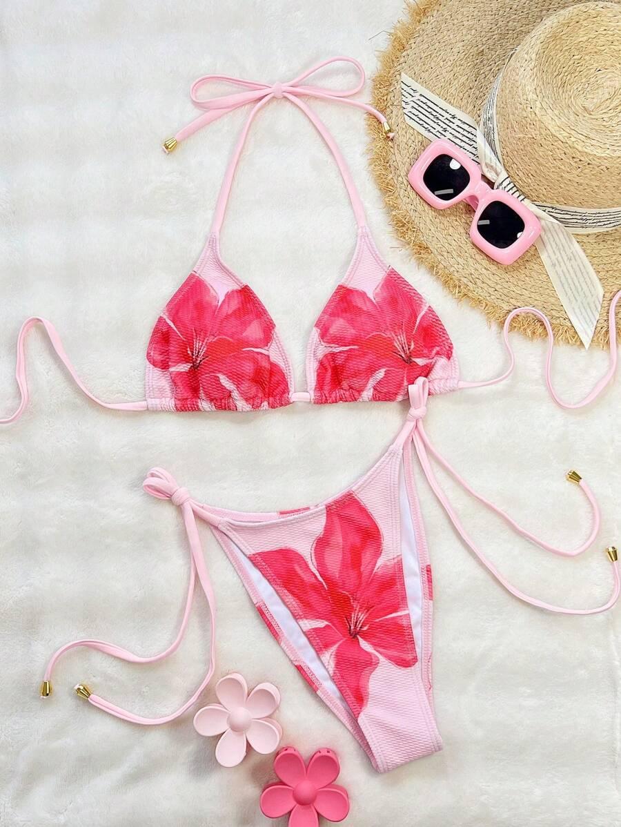 Różowa góra od bikini wiązana