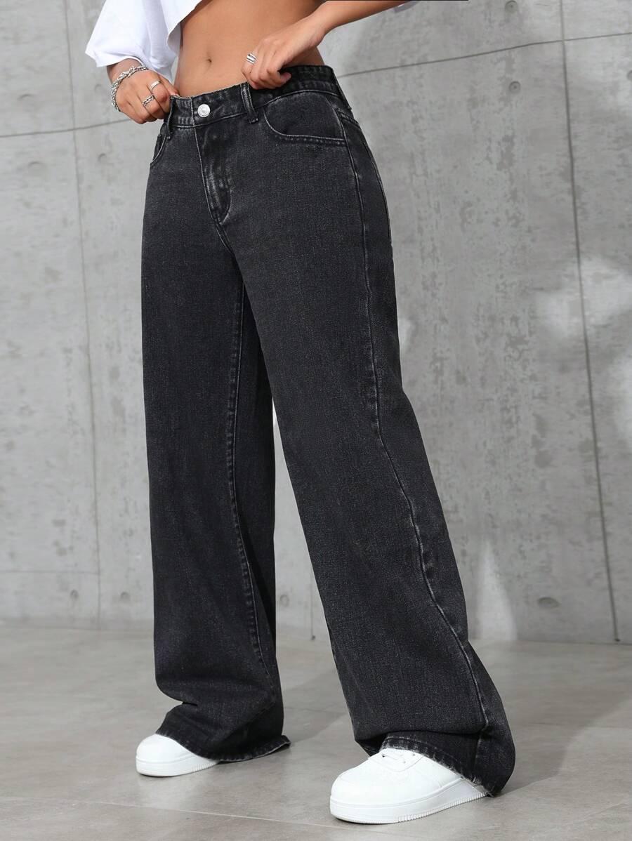 CZARNE SPODNIE JEANS SZEROKIE NOGAWKI