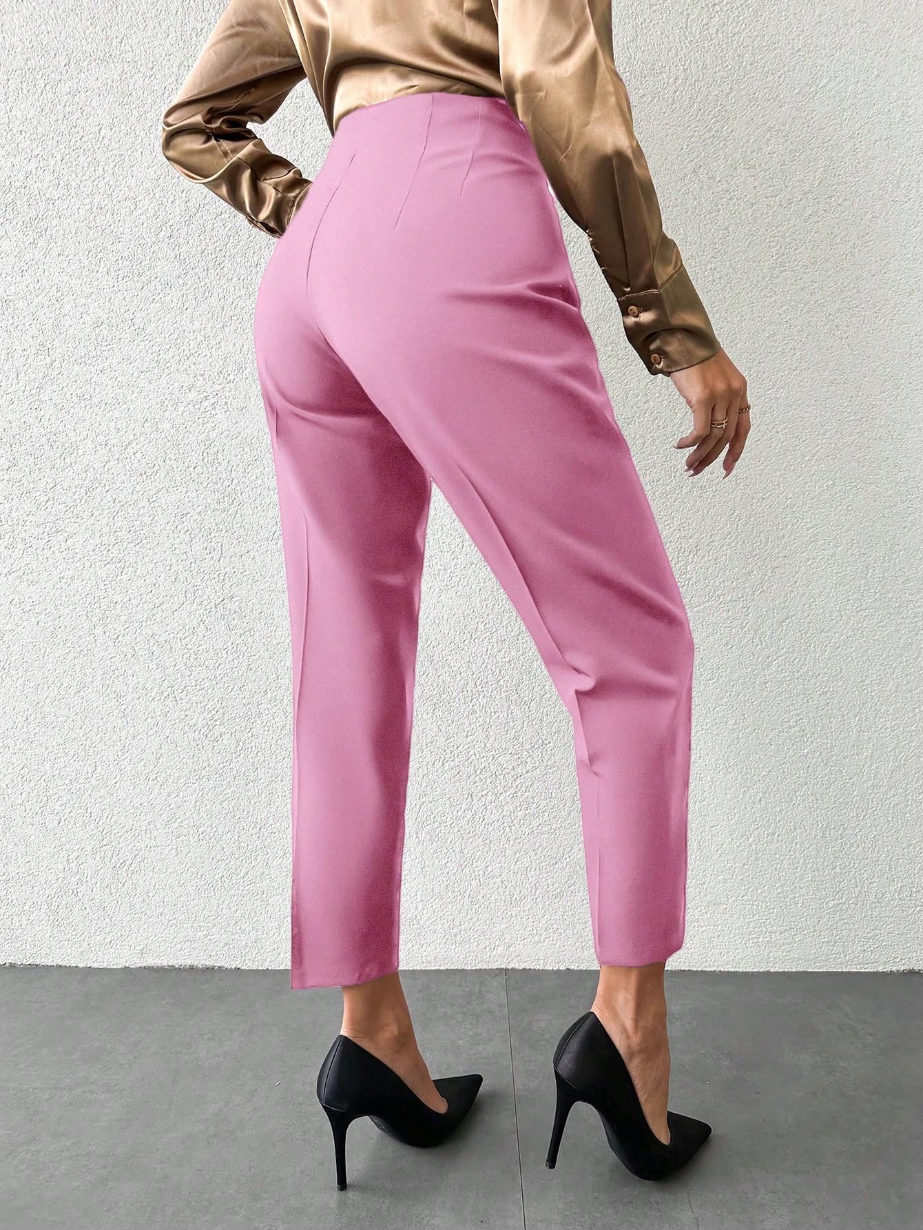 różowe spodnie wysoki stan casual 