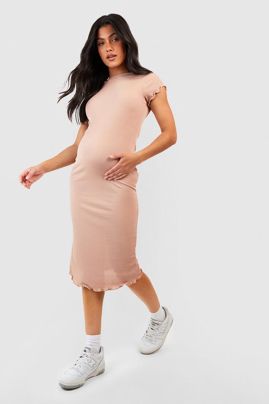 ciążowa midi sukienka prążki krótki rękaw falbanki