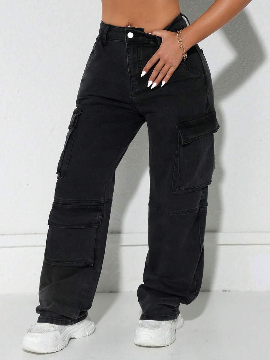 CZARNE SPODNIE JEANS CARGO