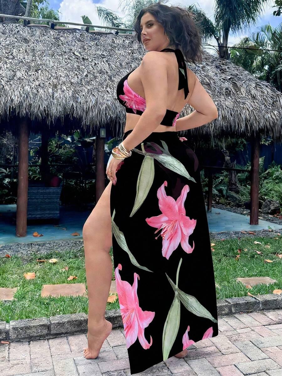 KOMPLET BIKINI Z NARZUTKĄ W KWIATY