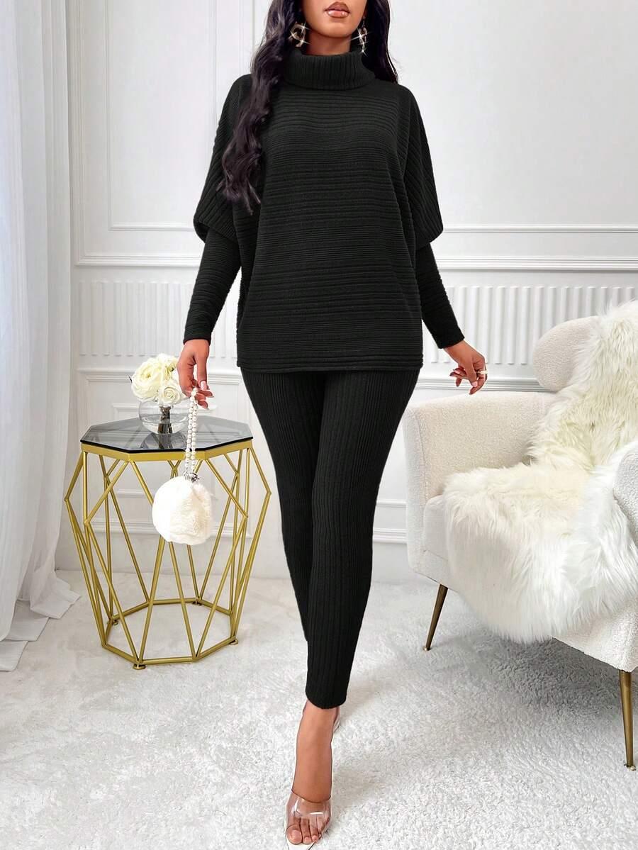czarny komplet bluzka legginsy dzianina