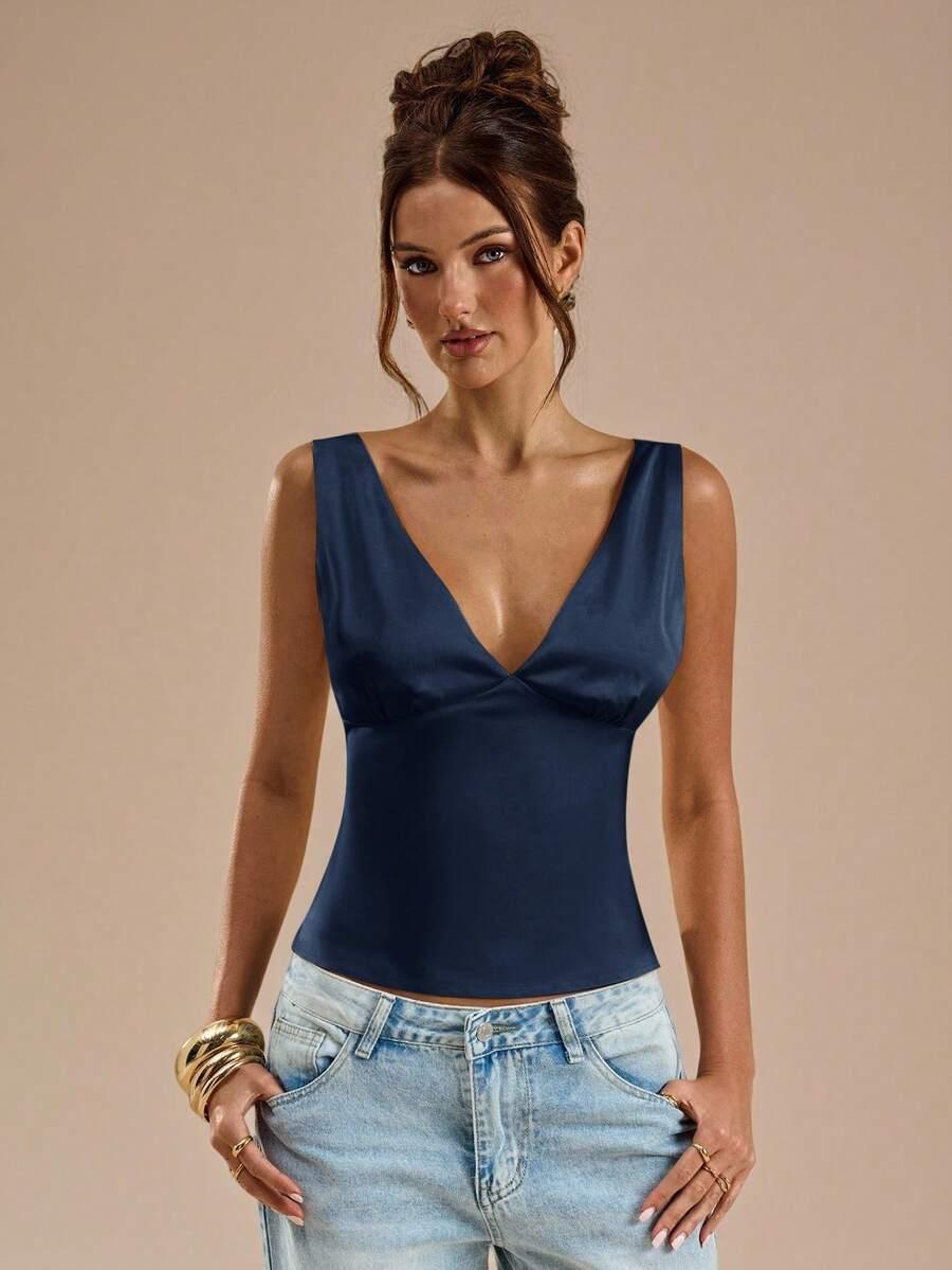 GRANATOWY SATYNOWY TOP