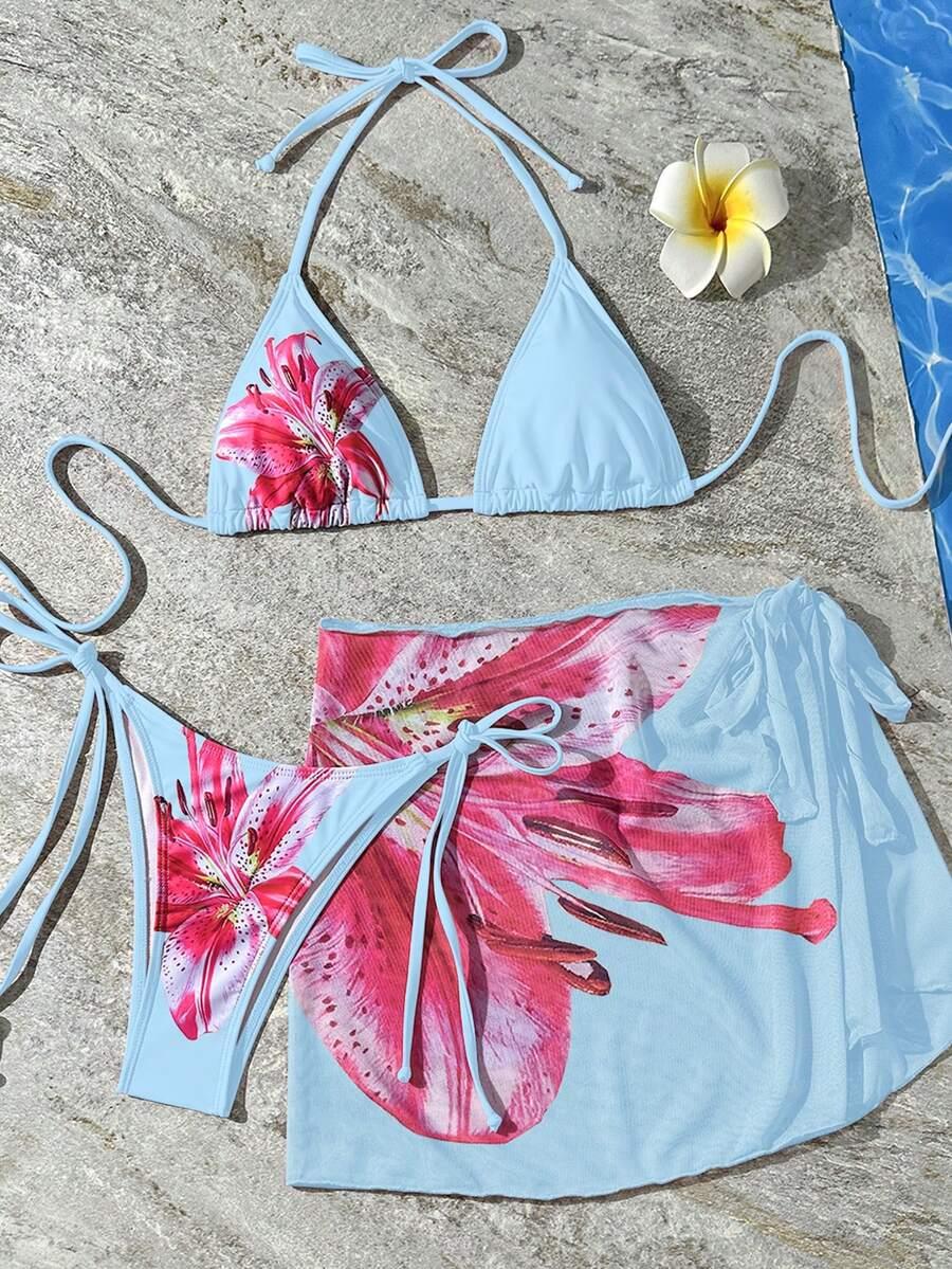 niebieski dół od bikini wiązanie kwiaty