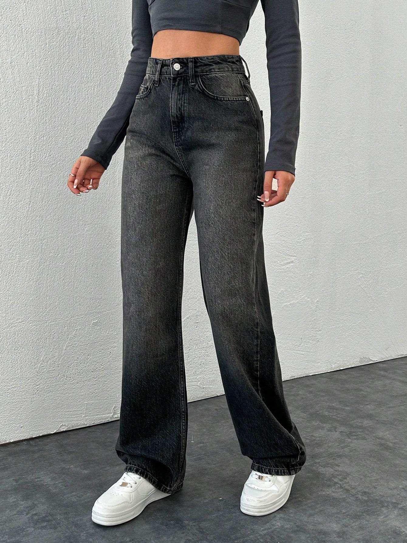 spodnie z wysokim stanem jeans szeroka nogawka kieszenie