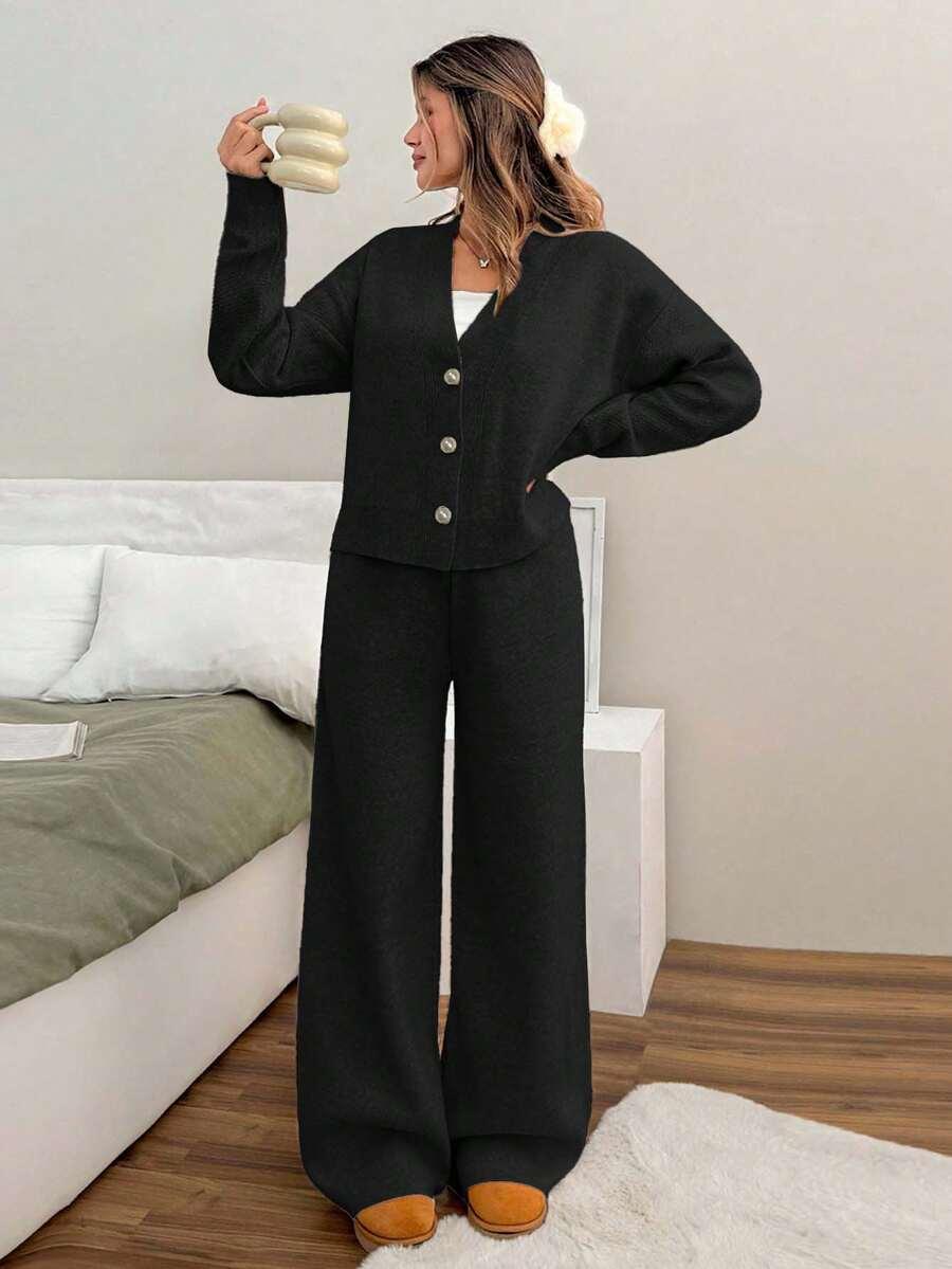 DZIANINOWY KOMPLET SWETER SPODNIE