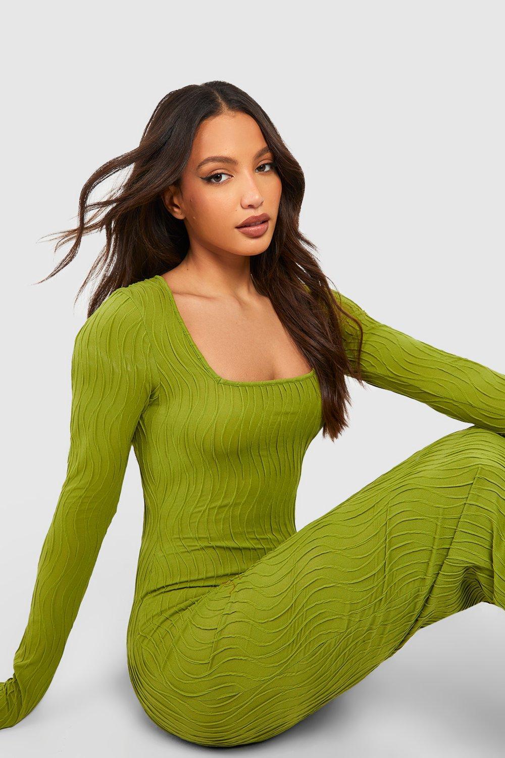 ołówkowa zielona sukienka długi rękaw tekstura