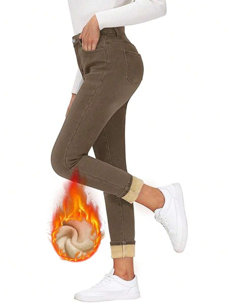 brązowe spodnie jeans ocieplane