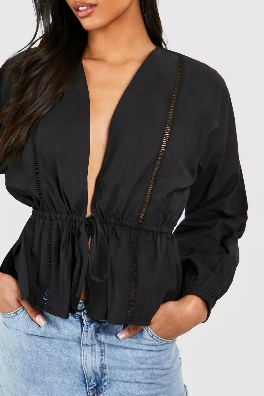 BAWEŁNIANA BLUZKA Z DŁUGIM RĘKAWEM I WIĄZANIEM